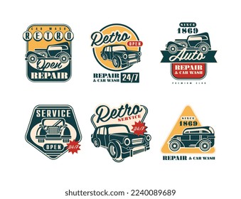 Auto Service and Repair Badges with Retro Car Vector Set