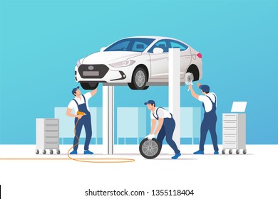 Auto service and repair. Car in maintenance workshop with mechanics team. Vector illustration.