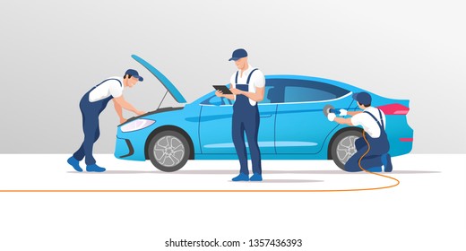 Auto service and repair. Car in maintenance workshop with mechanics team. Vector illustration.
