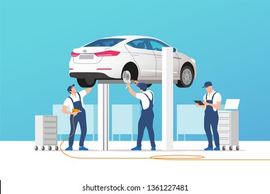 Auto Service And Repair. Car In Maintenance Workshop With Mechanics Team. Vector Illustration.