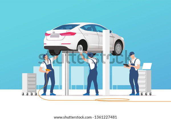 Auto service and repair. Car\
in maintenance workshop with mechanics team. Vector\
illustration.