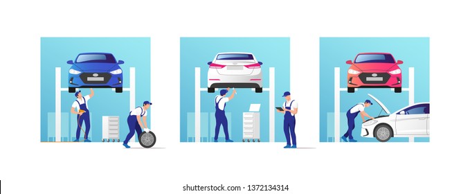 Auto service and repair. Cars in maintenance workshop with mechanics team. Vector illustration.