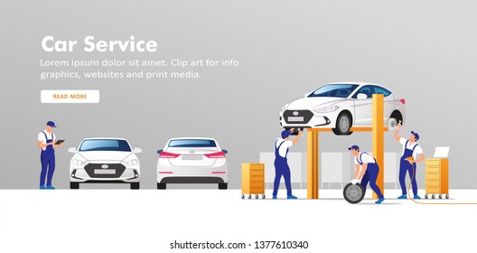 Auto Service And Repair. Cars In Maintenance Workshop With Mechanics Team. Vector Illustration.