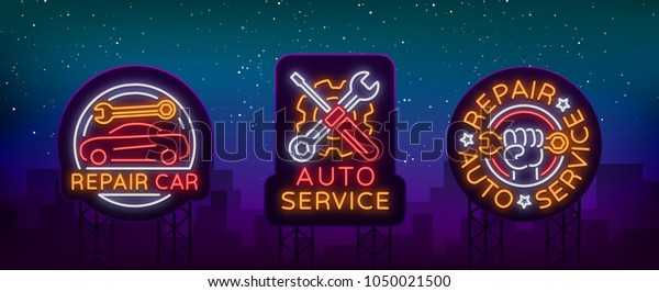 Auto service repair collection of logo in\
neon style. Set of neon sign, symbol on the topic of repairing\
cars. Emblem, bright banner sign, night bright advertising of auto\
repair. Vector\
illustration
