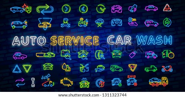 Auto service repair collection of logo in\
neon style. Set of neon sign, symbol on the topic of repairing\
cars. Emblem, bright banner sign, night bright advertising of auto\
repair. Vector\
illustration