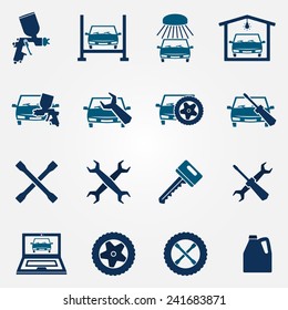 Auto Service And Repair Flat Icon Set - Vector Car Fix And Car Paint Logo Symbols