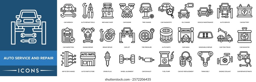 Auto Service and Repair icon. Car Wrench, Auto Repair Tools, Mechanic Shop, Car Engine and Tire Change