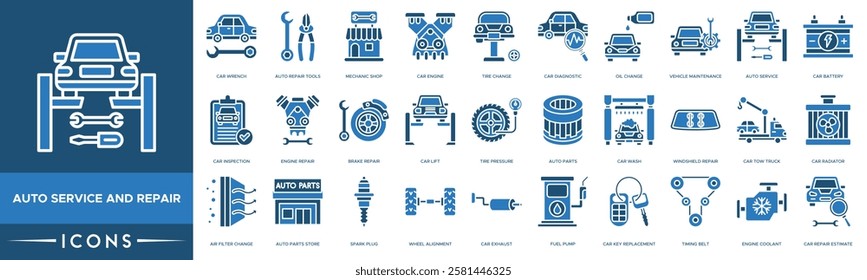 Auto Service and Repair icon. Car Wrench, Auto Repair Tools, Mechanic Shop, Car Engine and Tire Change