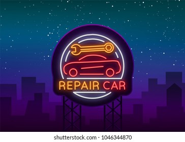 Auto service repair logo in neon style. Neon sign, a symbol on the topic of repairing cars. Emblem, bright banner, shiny sign, night non-neon bright advertising of auto repair. Vector illustration