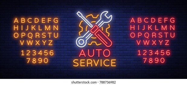 Auto service repair logo in neon style. Neon sign, a symbol on the topic of repairing cars. Emblem, bright banner, shiny sign, night non-neon bright. Vector illustration. Editing text neon sign