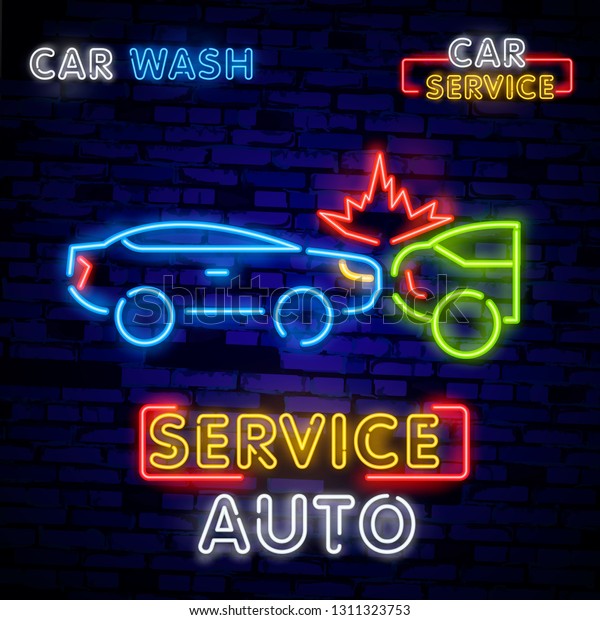 Auto\
service repair logo in neon style. neon sign, symbol on the topic\
of repairing cars. Emblem, bright banner sign, night bright\
advertising of auto repair. Vector\
illustration