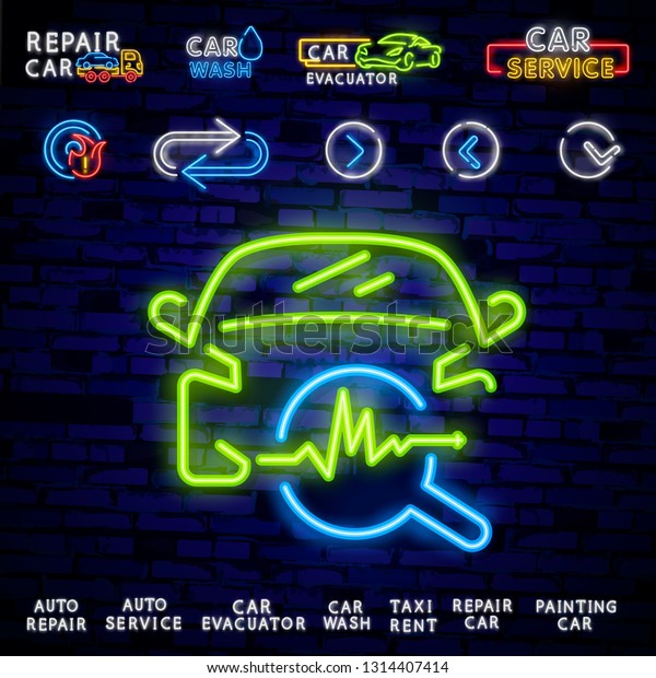 Auto
service repair logo in neon style. neon sign, symbol on the topic
of repairing cars. Emblem, bright banner sign, night bright
advertising of auto repair. Vector
illustration