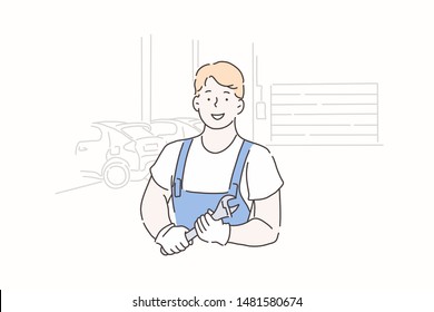 Auto service, auto repair, auto mechanic concept. Young experienced master man with a wrench, repairing a car or consulting. Cheerful guy with a smile, starts his favorite work. Simple flat vector.