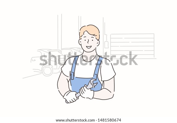 Auto service, auto repair, auto mechanic concept.\
Young experienced master man with a wrench, repairing a car or\
consulting. Cheerful guy with a smile, starts his favorite work.\
Simple flat vector.