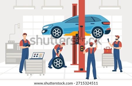 Auto service and repair. Auto mechanics checking and fixing vehicle. Automobile maintenance at workshop. 