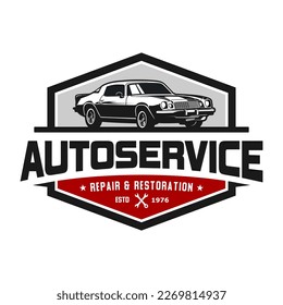 Auto Service Repair and Restoration classic car logo illustration in hexagon shape. Perfect for logos, t-shirts, stickers and posters.