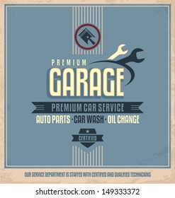 Auto service retro poster design. Vintage garage and car repair vector label. Transportation template on dirty old paper texture.