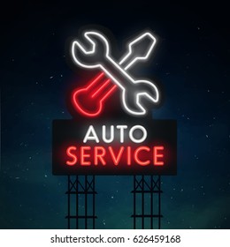 Auto service road sing. City sign neon. Logo, emblem. Service neon sign, bright signboard, light banner. 