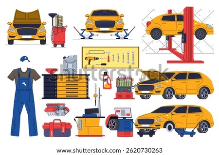 Auto service set in flat graphic design. Collection isolated elements of car diagnostics, mechanic clothes, open hood, jacks, lifter, oil, tools, canister, wheel alignment, other. Vector illustration.