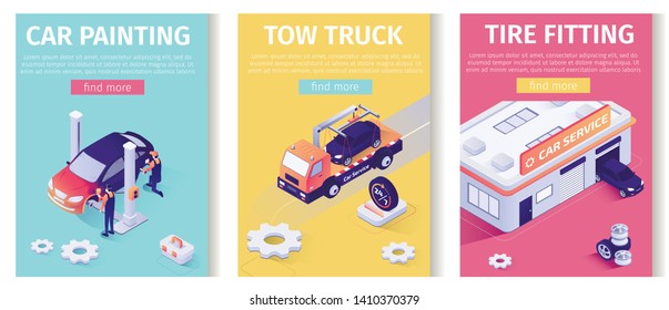 Auto Service Set for Online Mobile Application. Text Templates Perform Car Painting, Tow Truck Assistance and Tire Fitting Maintenance. Isometric Garage, Vehicle, Masters. 3d Vector Illustration