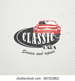 Auto service set. Rent a Car. Garage auto. Detailed elements. Old retro vintage grunge. Scratched, damaged, dirty effect. Typographic labels, stickers, logos and badges. Flat vector illustration