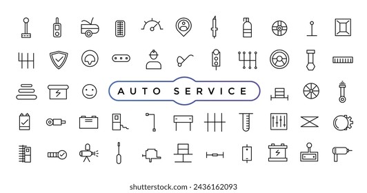 Auto Service establece iconos de línea vectorial con servicio de coche de camino abierto, reparación automática y transporte con elementos para conceptos móviles y aplicaciones web.