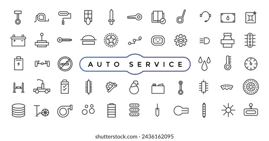 Auto Service establece iconos de línea vectorial con servicio de coche de camino abierto, reparación automática y transporte con elementos para conceptos móviles y aplicaciones web.