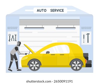 Auto service shop with mechanic working on yellow car in garage setting background vector