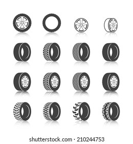 Auto service shop wheels disks and tires construction check montage replacement black  icons set isolated vector illustration