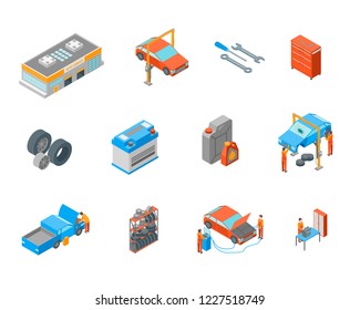 Auto Service Signs 3d Icon Set Isometric View Include of Wheel, Oil, Garage and Battery. Vector illustration of Icons