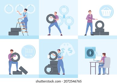 Auto service six square compositions set of technicians do testing and repairing car tires flat vector illustration