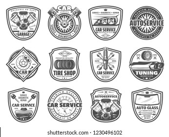 Auto service, spare parts and car garage station vector icons. Mechanic diagnostics and car tuning vector symbols, engine restoration, oil change, tire fitting and pumping, brakes replacement