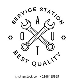 Auto service station vector label with wrench for detailing, repair, tuning, car wash isolated on white background. Stamps, banners and design elements for you business. 10 eps