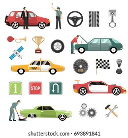 Auto service symbols taxi racing cars competitions attributes and road signs flat icons collection isolated vector illustration 