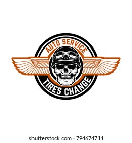 Auto service. Tires change. Emblem with racer skull and wings.  Design element for logo, label, emblem, sign, badge. Vector illustration