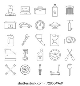 Auto service with tools and car outline icons set vector illustration for design and web isolated on white background. Auto service vector object for label and advertising