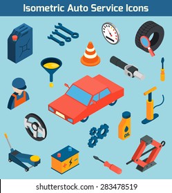 Auto service tools consumables and spare parts isometric icons set isolated vector illustration