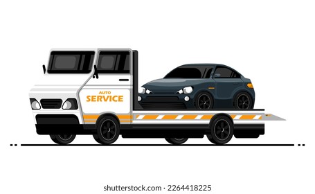 Auto service tow truck with personal sport car on isolated background, Vector illustration.