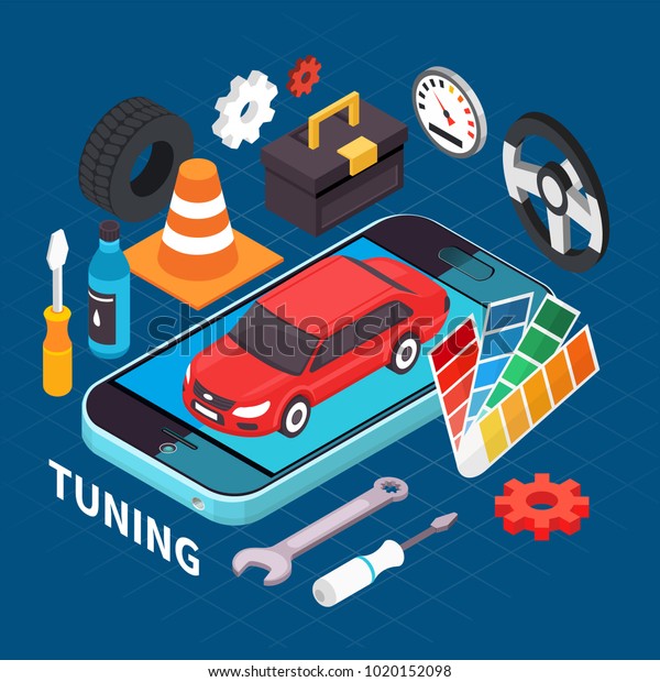 Auto service and tuning isometric\
concept with spare parts symbols vector illustration\
