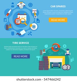 Auto service two horizontal banners with tire service and car spares decorative icons compositions flat vector illustration  