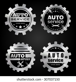 Auto service vector badges set. Shiny black and silver metallic design.