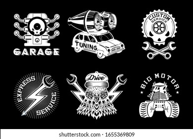 Auto service vector emblem. Retro style car. Vintage icons collection. Black and white illustration set. Garage print.