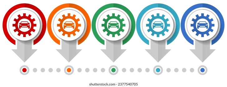 Auto service vector icon set, flat design infographic template, set pointer concept icons in 5 color options for webdesign and mobile applications