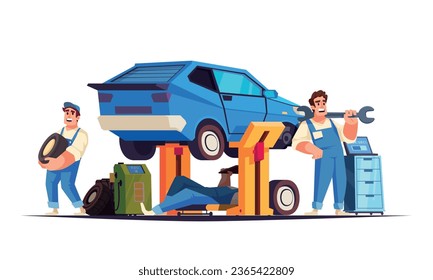 Auto service vector illustration of car on lift and team of mechanics doing repair or maintenance