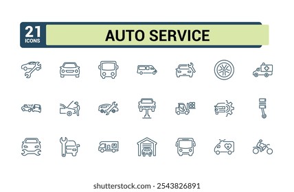 Conjunto de ícones de linha de vetor de Serviço Automático. Contendo ferramenta, diagnóstico, veículo, máquina, técnico, isolado, freio e muito mais. Contornar coleções de ícones. Ilustração vetorial.