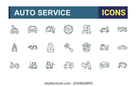 Conjunto de ícones de linha de vetor de Serviço Automático. Contendo ferramenta, diagnóstico, veículo, máquina, técnico, isolado, freio e muito mais. Contornar coleções de ícones. Ilustração vetorial.