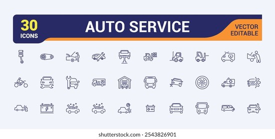 Conjunto de ícones de linha de vetor de Serviço Automático. Contendo ferramenta, diagnóstico, veículo, máquina, técnico, isolado, freio e muito mais. Contornar coleções de ícones. Ilustração vetorial.