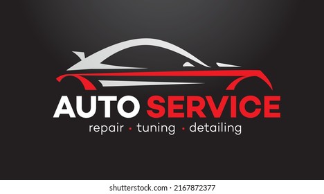 Auto service vector logo isolated on black background for detailing, repair, tuning, car washing isolated on white background. Stamps, banners and design elements for you business. 10 eps