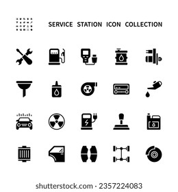 Auto service vector silhouette icons set. Auto service station. Filter, wrench, brake system, electrical, security system, oil, canister, tools and much more.Car service icons symbol set.
