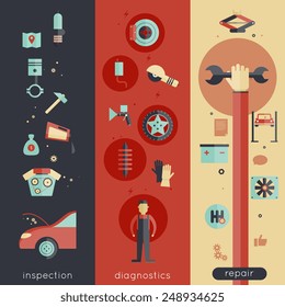 Auto service vertical banner set with inspection diagnostics repair elements isolated vector illustration